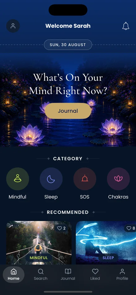 Mindful You home screen with a daily journal prompt and the Mindful, Sleep, SOS and Chakras categories.