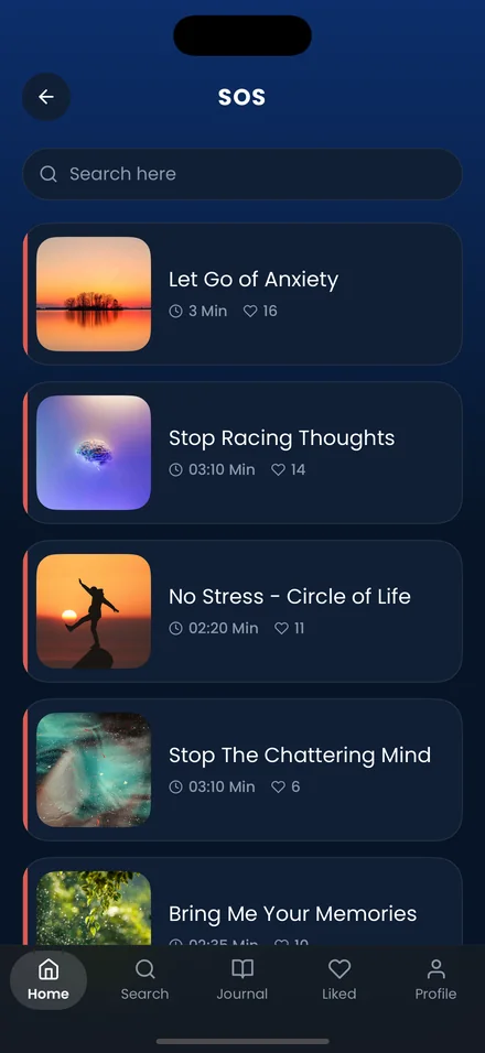 The SOS section listing short sessions including Let Go of Anxiety and Stop Racing Thoughts.