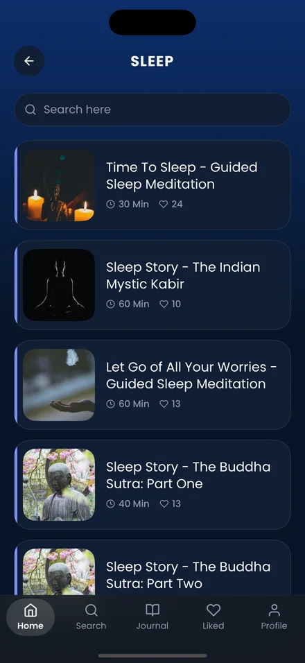 The Sleep section listing guided sleep meditations and sleep stories with their durations.